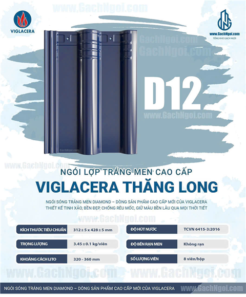 Ngói sóng tráng men Viglacera Thăng Long dòng Ngói D (Diamond) D12